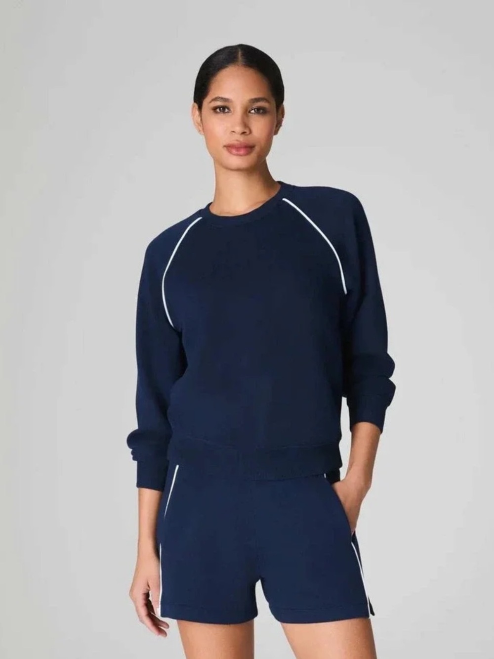 SPANX AirEssentials Pique Crewneck Top Navy Blue White Piping 2X Activewear